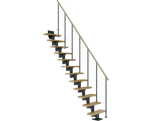 Escalier à crémaillère Pertura Spiros anthracite droit 75 cm garde-corps à barres horizontales chêne verni 11 marches/12 pas de marche