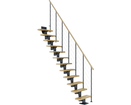 Escalier à crémaillère Pertura Spiros anthracite droit 75 cm garde-corps à barres horizontales chêne verni 13 marches/14 pas de marche