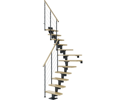 Escalier à limon central Pertura Spiros anthracite 75 cm garde-corps à barres horizontales érable bois lamellé-collé vernis 11 marches 12 pas de marche