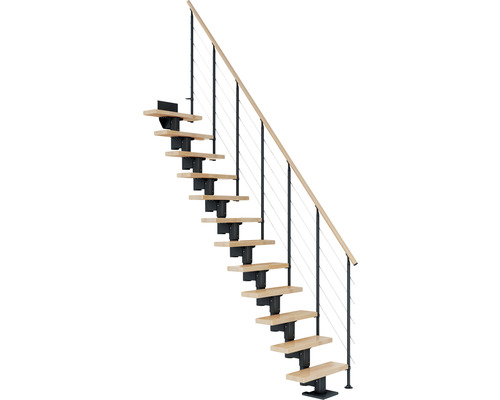 Escalier à crémaillère Pertura Spiros anthracite droit 75 cm garde-corps à barres horizontales bois de hêtre lamellé-collé verni 14 marches/15 pas de marche