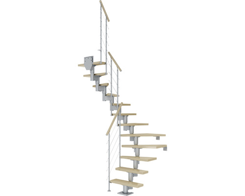 Escalier à limon central Pertura Spiros gris perle 65 cm garde-corps à barres horizontales érable bois lamellé-collé vernis 12 marches 13 pas de marche