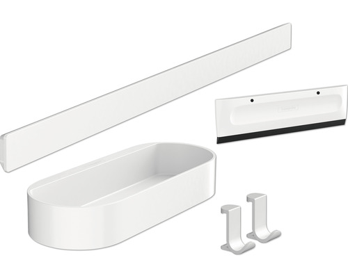 Kit de salle de bains kit de douche hansgrohe WallStoris blanc mat 27967700 Ensemble d''étagères de douche avec raclette, panier de douche et crochets