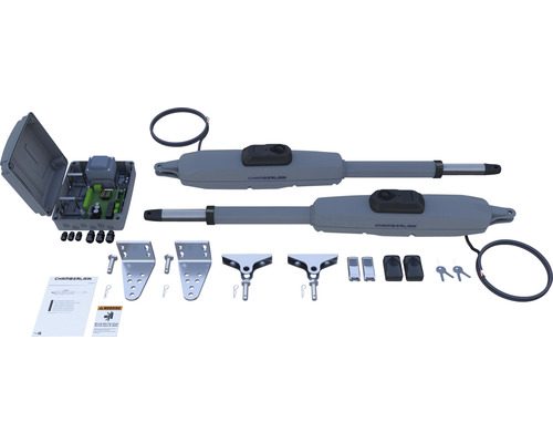 Kit d''entraînement de portail battant Chamberlain avec commande, deux entraînements, émetteurs manuels et accessoires de montage