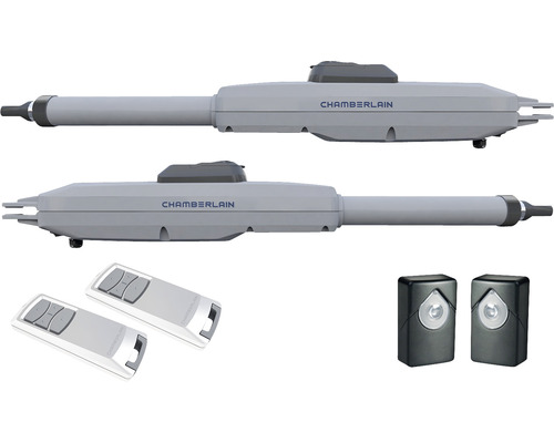 Kit d''entraînement de portail battant Chamberlain avec deux entraînements, deux émetteurs manuels et des barrières immatérielles