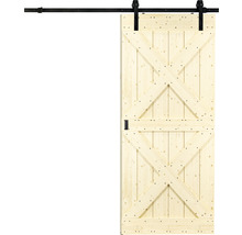 Porte coulissante en bois avec motif en forme de X et rail noir