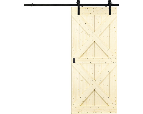 Holzschiebetür mit X-förmigem Design und schwarzer Schiene
