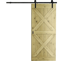 Holzschiebetür mit schwarzer Laufschiene im Scheunentor-Stil