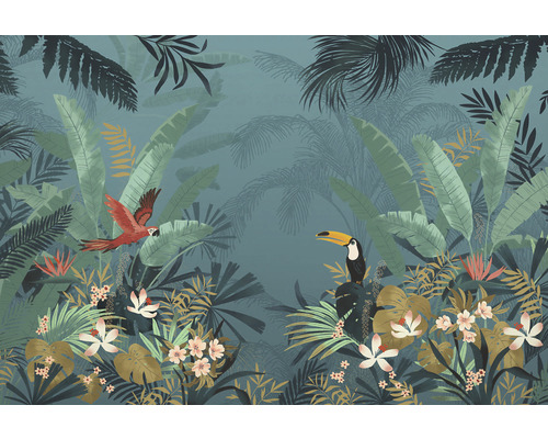 Papier peint panoramique X7-1013 Enchanted Jungle 4 pces 350 x 250 cm Papier peint à motif de jungle avec perroquet et toucan