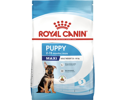 Royal Canin Logo. Trockenfutter für Welpen grosser Rassen mit einem Erwachsenengewicht von 26 bis 44 Kilogramm