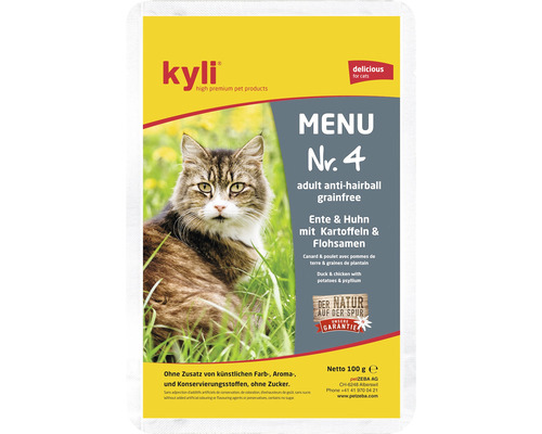 Nourriture pour chats Kyli Kyli menu n°4adulte" 100 g Kyli Menu numéro 4 nourriture pour chats au canard, poulet, pommes de terre et psyllium