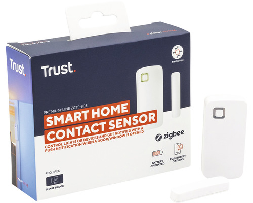 Capteur de contact Trust Smart Home dans sa boîte et à côté