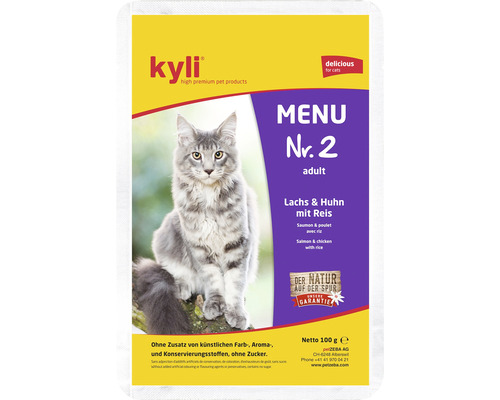 Nourriture pour chats Kyli Kyli menu n°2adulte" 100 g Kyli Menu n° 2 pour chat adulte au saumon, poulet et riz