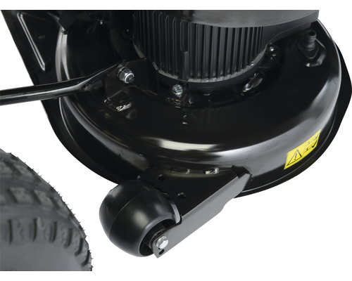 Vue détaillée d''une tondeuse à gazon avec roues, boîtier et moteur