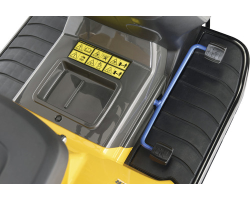 Vue détaillée d''une tondeuse autoportée avec consignes de sécurité