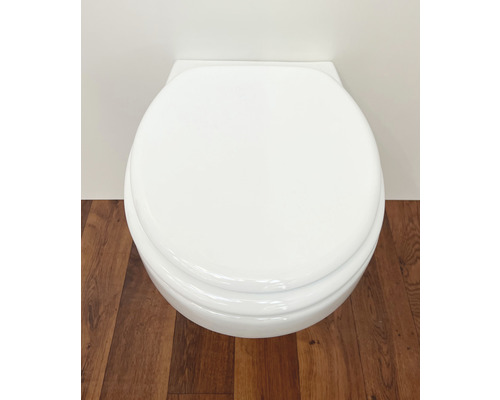 WC suspendu blanc avec couvercle fermé devant un mur