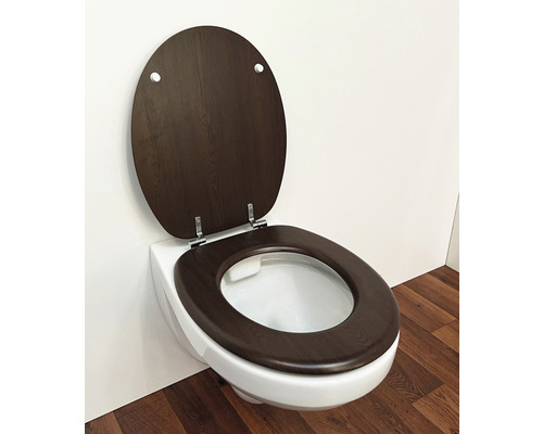 WC suspendu avec siège de toilette ouvert en bois
