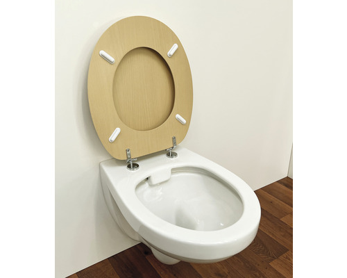 WC suspendu à fond creux avec siège en bois