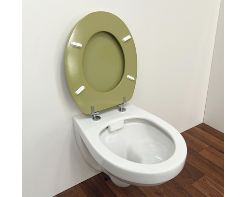 WC suspendu à fond creux avec couvercle de toilette vert olive ouvert