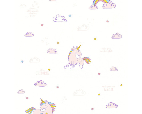 Papier peint 36158-1 Boys & Girls blanc licorne rose Papier peint avec motif de licorne, nuages et étoiles
