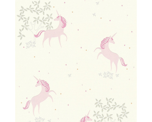 Papier peint intissé 36989-1 Boys & Girls blanc licorne rose vif paillettes