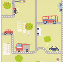 Papier peint avec motif de voitures, bus, camions de pompiers, bâtiments et routes