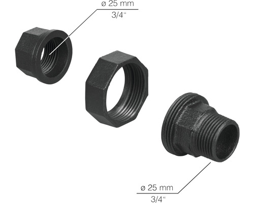 Trois raccords en fonte malléable d''un diamètre de 25 mm et d''une valeur en pouces de 3/4.