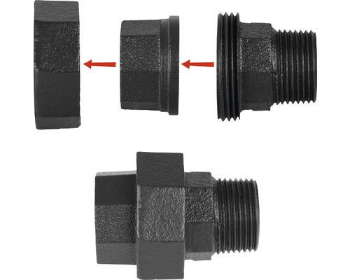 Raccord de tuyau en fonte malléable démantelé et assemblé