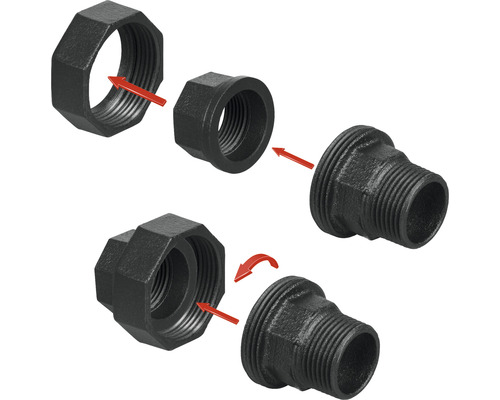 Illustration d''un raccord en fonte malléable avec des flèches pour les instructions de montage