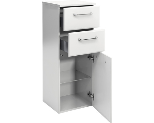 Meuble de salle de bains blanc avec deux tiroirs et un compartiment ouvert avec une étagère