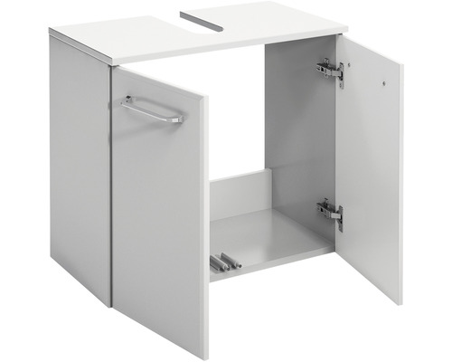Meuble sous-vasque avec deux portes ouvertes pour lavabo