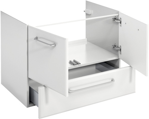 Meuble sous-lavabo blanc avec tiroir et compartiment ouvert