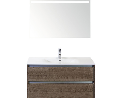 Ensemble de meubles de salle de bains Sanox Dante couleur de façade tabacco lxhxp 101x170x46 cm avec lavabo en céramique et miroir avec éclairage LED