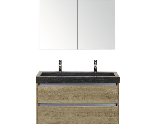 Badmöbel-Set Sanox Dante Frontfarbe eiche BxHxT 101x170x45.5 cm mit Natursteinwaschtisch und Spiegelschrank