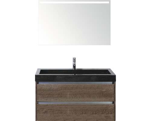 Ensemble de meubles de salle de bains Sanox Dante couleur de façade chêne foncé lxhxp 101 x 170 x 45,5 cm avec vasque en pierre naturelle et miroir avec éclairage LED