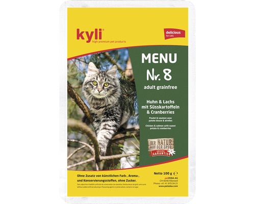 Katzenfutter kyli Menu Nr. 8 getreidefrei 100 g Kyli Katzenfutter Menu Nummer 8 mit Huhn, Lachs, Süsskartoffeln und Cranberries