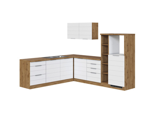 Cuisine d''angle avec tiroirs blancs et armoire suspendue