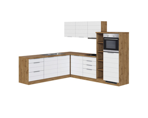 Cuisine d''angle complète avec élément suspendu, plan de travail, évier, plaque de cuisson et four