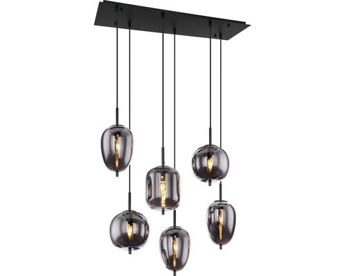 Pendelleuchte mit sechs Leuchten aus Glas und Metall