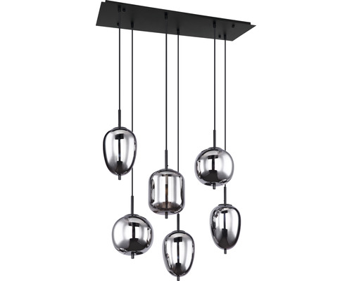Pendelleuchte mit sechs Glaskugeln und schwarzer Halterung
