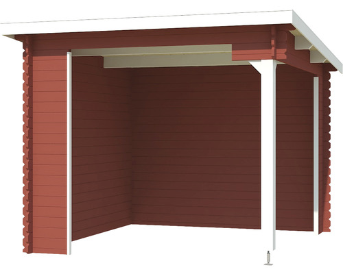Abri en bois avec revêtement en bois rouge et toit blanc