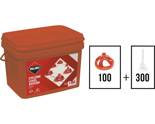 Rubi Cyclone Kit Anfangsset 1,5 mm 400 Stück Rubi Cyclone Level System Caps, Set mit 100 Kappen und 300 Gewindelaschen