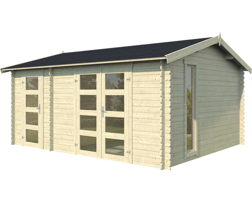 Abri de jardin en bois avec fenêtres et portes