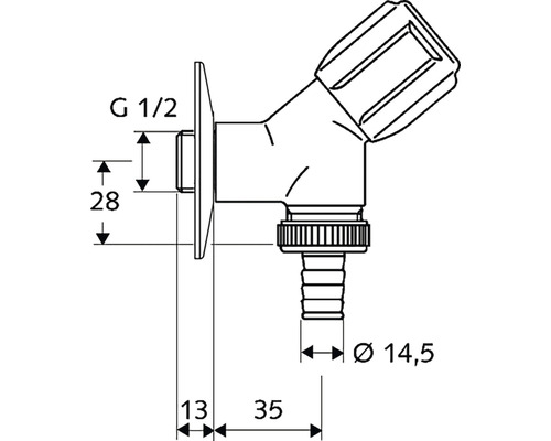 Robinet d''équerre avec raccord de tuyau et indications de taille