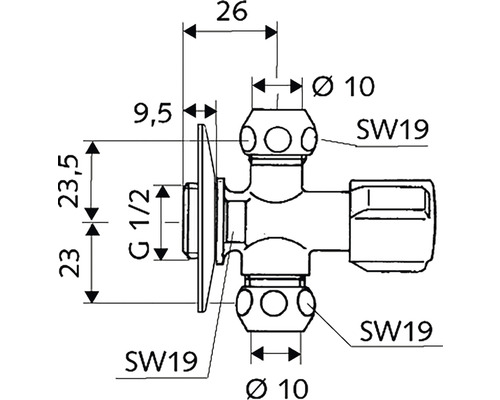 Schéma technique d''un robinet d''équerre avec cotes