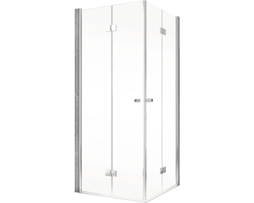 Cabine de douche d''angle avec parois en verre clair et ferrures argentées