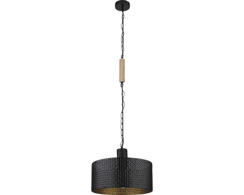 Schwarze Pendelleuchte mit Holzdetail und Metallsieb