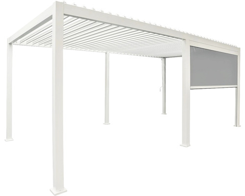 Pergola autoportante avec toit à lamelles et panneau latéral pour protection solaire