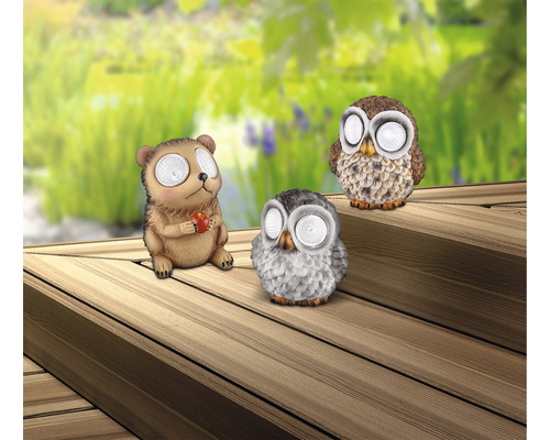 Dekorative Gartenfiguren mit Solarbetrieb, bestehend aus Igel und Eulen