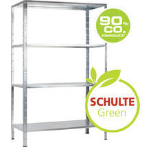Metallregal mit vier Regalböden und Siegel für Kompensation von 90 Prozent der Kohlendioxid Emissionen sowie Schulte Green Siegel