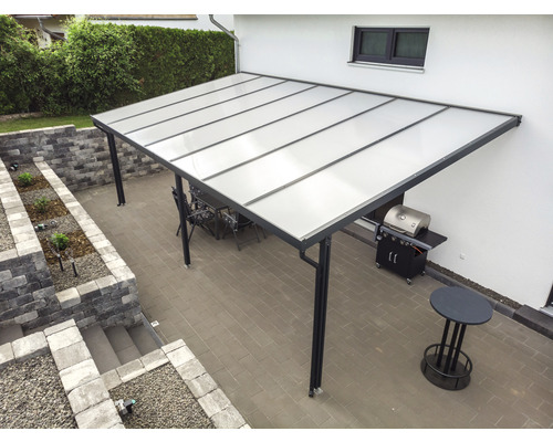 Toiture de terrasse gutta Premium polycarbonate opale 712 x 306 cm anthracite Terrasse avec toit, barbecue et sièges de jardin
